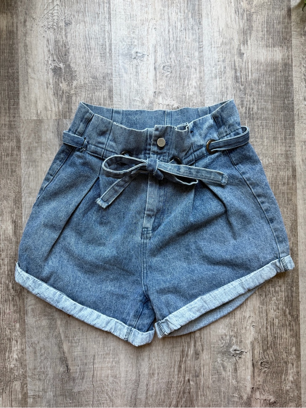 Vici Light Blue Paperbag Waist Denim Shorts with Tie